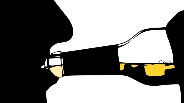 Eine stilisierte Darstellung einer Flasche mit gelber Flüssigkeit, möglicherweise Öl oder Wein.