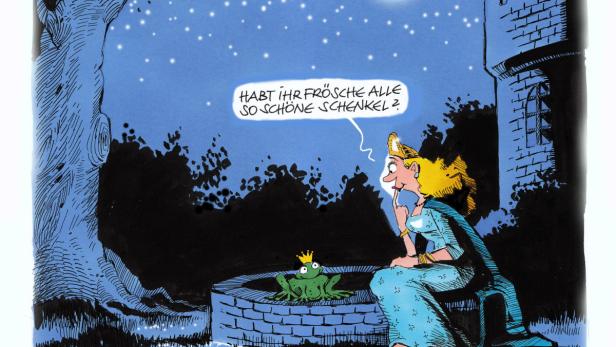 Eine Prinzessin fragt einen Frosch mit Krone am Brunnen nach seinen Schenkeln.