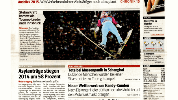 Titelseite des Kurier vom 2. Januar 2015 mit Schlagzeilen zu verschiedenen Themen.