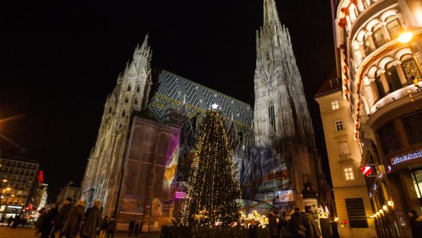 Der Stephansdom in Wien mit einem Weihnachtsbaum im Vordergrund.