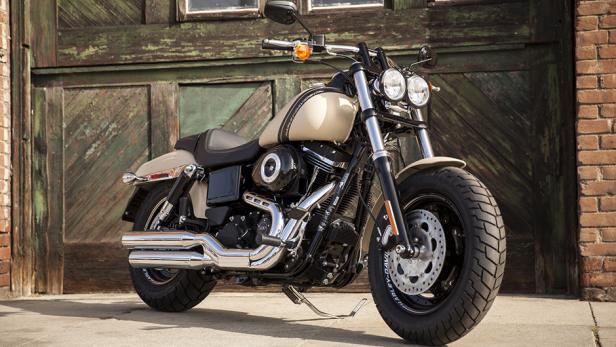 Eine beigefarbene Harley-Davidson Fat Bob steht vor einer grünen Holztür.