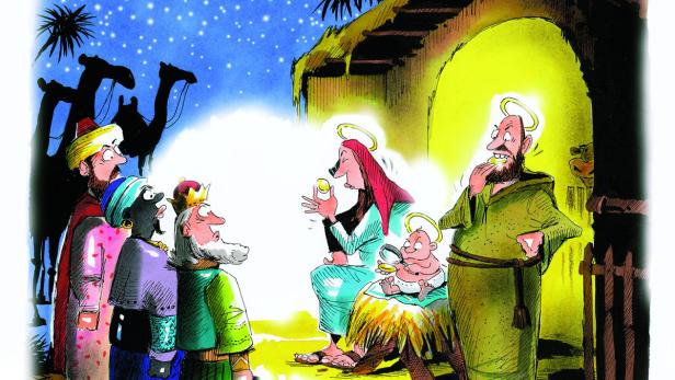 Karikatur der Heiligen Drei Könige, die Maria, Josef und das Jesuskind besuchen.