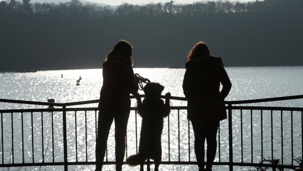 Zwei Frauen und ein Hund stehen an einem Geländer mit Blick auf einen See.