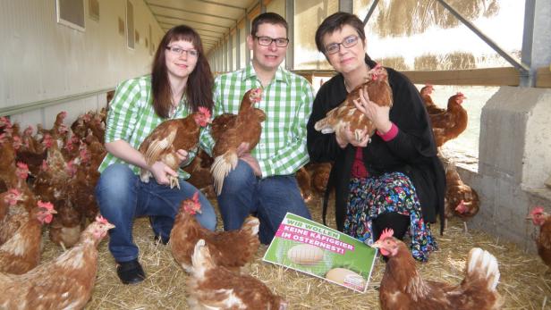 Drei Personen sitzen in einem Hühnerstall und halten jeweils ein Huhn im Arm.