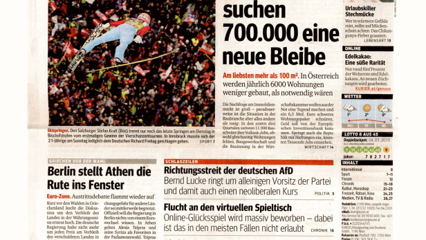 Titelseite der Zeitung „Kurier“ vom 5. Januar 2015 mit Artikeln zu verschiedenen Themen.
