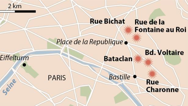 Die fünf Schauplätze des Terrors in der Pariser Innenstadt.