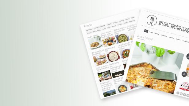 Zwei Webseiten mit Rezepten, darunter Lasagne, von „Because You Are Hungry“.