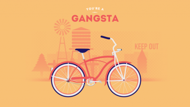 Eine stilisierte Illustration eines roten Fahrrads vor einer ländlichen Szene mit dem Text „You're a Gangsta“.