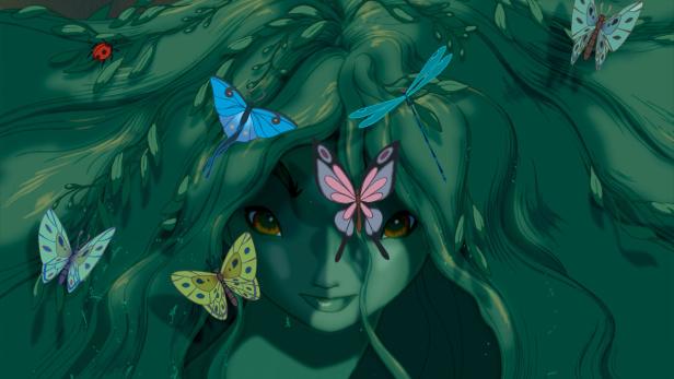 Das Gesicht einer Frau, deren Haare aus Blättern bestehen, umgeben von Schmetterlingen und einer Libelle.