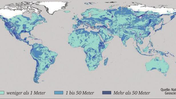 Eine Weltkarte zeigt die Höhe des Meeresspiegels in verschiedenen Regionen.
