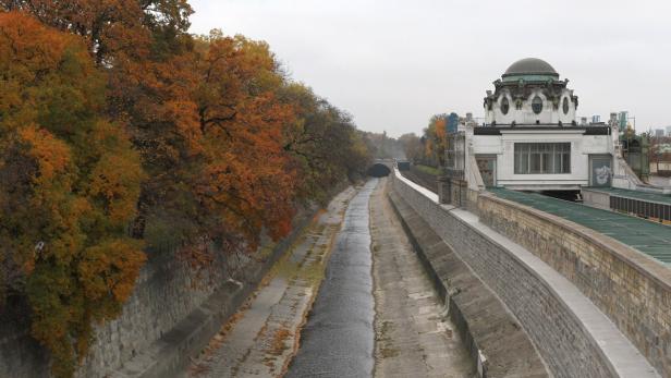 Der Wienfluss fließt kanalisiert durch Wien, flankiert von Herbstlaub und einem Jugendstilgebäude.