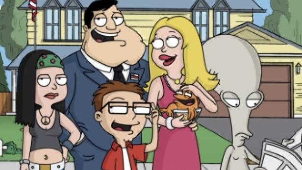 Die Familie Smith aus der Zeichentrickserie „American Dad“ posiert vor ihrem Haus.