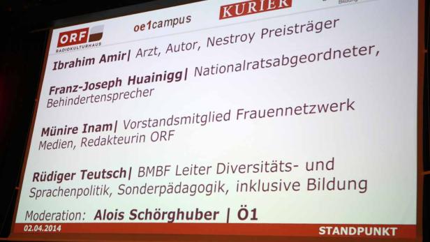 Eine Präsentation mit den Namen und Funktionen verschiedener Personen, darunter Ibrahim Amir und Franz-Joseph Huainigg.