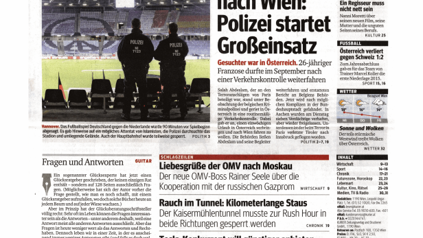 Titelseite des Kurier vom 18. November 2015 mit Schlagzeilen zu Terrorismus und Innenpolitik.