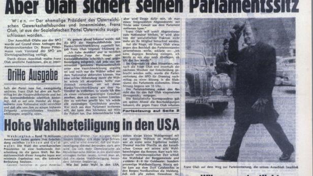 Titelseite des „Kurier“ vom 4. November 1964 mit Artikeln über Franz Olah und hohe Wahlbeteiligung in den USA.