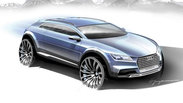 Eine Skizze eines blauen Audi e-tron Quattro vor einer Bergkulisse.
