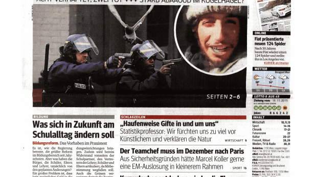Titelseite des Kurier vom 19. November 2015 mit dem Titel „Schlag gegen Drahtzieher“ und einem Bild von Polizisten in Paris.