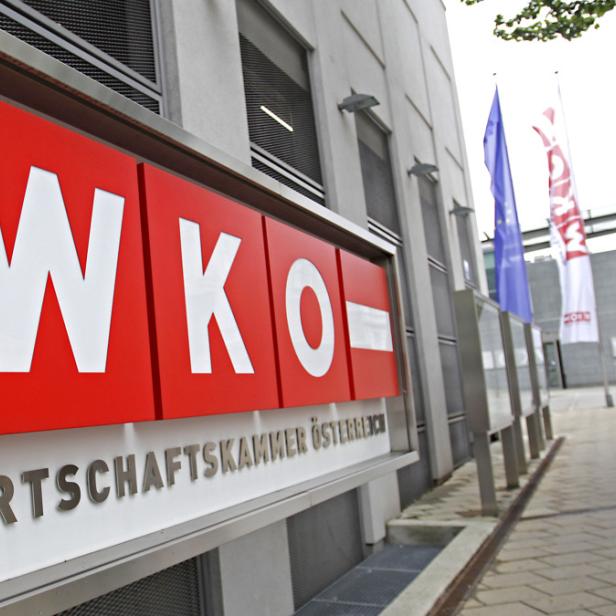 Das Gebäude der Wirtschaftskammer Österreich (WKO) mit Flaggen davor.