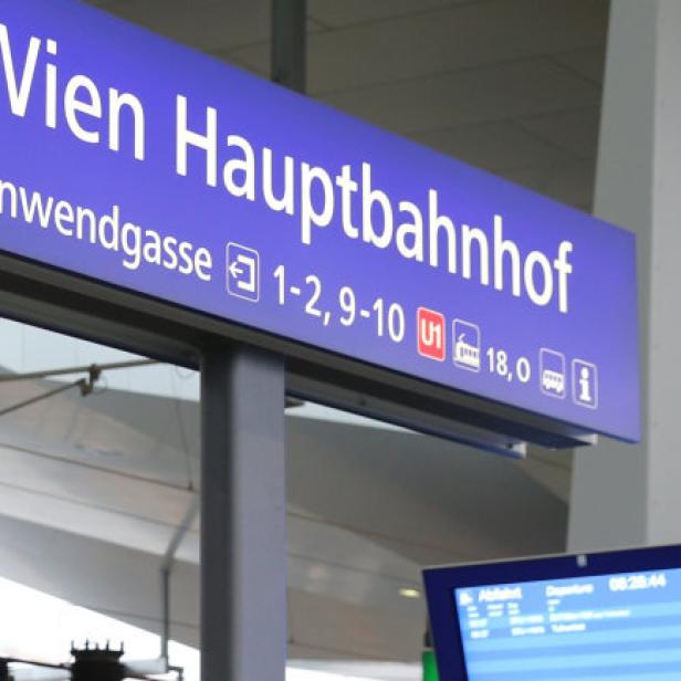 Ein Wegweiser zum Wiener Hauptbahnhof mit einem Zug im Hintergrund.