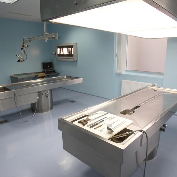 Ein heller Raum mit zwei Edelstahltischen und medizinischen Instrumenten.