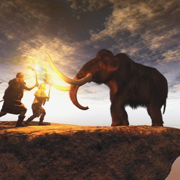 Eine Gruppe von Steinzeitmenschen nähert sich einem Mammut mit Fackeln.
