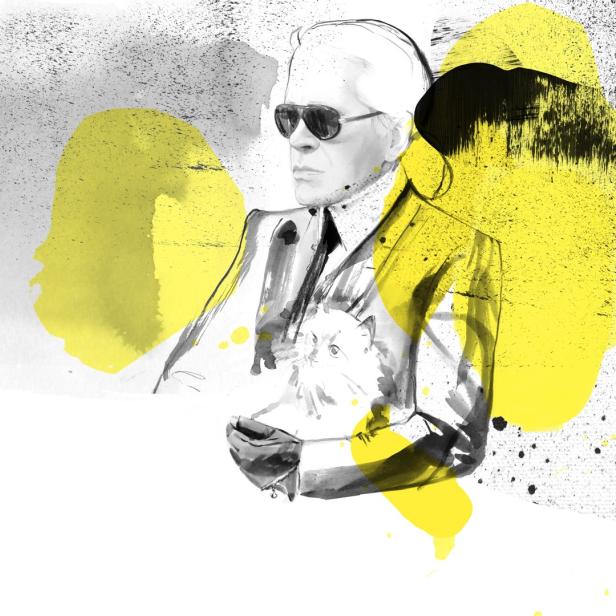 Eine stilisierte Illustration von Karl Lagerfeld mit seiner Katze Choupette.