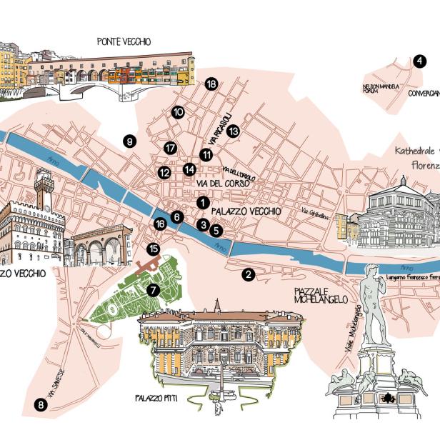 Eine illustrierte Karte von Florenz mit Sehenswürdigkeiten wie dem Palazzo Vecchio und dem Ponte Vecchio.