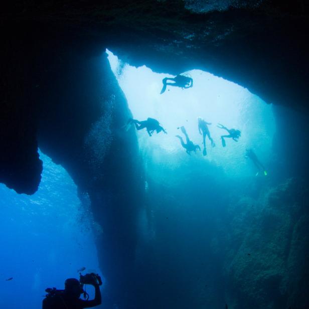 Eine Gruppe Taucher erkundet eine Unterwasserhöhle mit hellem Tageslichteinfall.