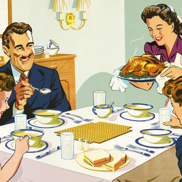Rollenbild wie in den 1950ern: Die Mutter serviert den Puten-Braten.