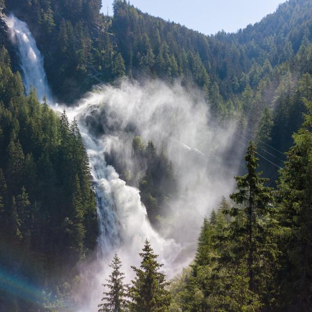 Ein hoher Wasserfall stürzt inmitten eines dichten Waldes herab.