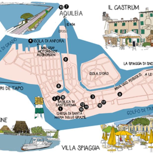 Eine illustrierte Karte von Grado, Italien, mit Sehenswürdigkeiten wie Aquileia und der Basilica di Sant'Eufemia.