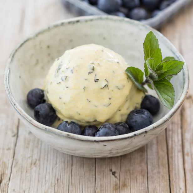 Eine Kugel Eis mit Blaubeeren und einem Minzzweig in einer Schale.