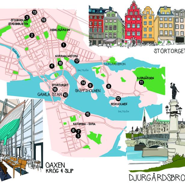 Eine illustrierte Karte von Stockholm mit hervorgehobenen Sehenswürdigkeiten wie Gamla Stan und Djurgården.