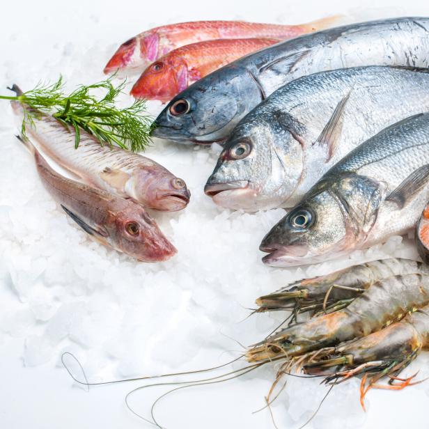 Verschiedene Fische und Meeresfrüchte liegen auf Eis. 