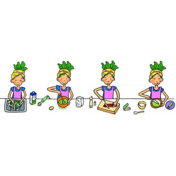 Eine stilisierte Illustration, die eine Person beim Kochen in vier Schritten zeigt: waschen, mischen, schneiden, zubereiten.