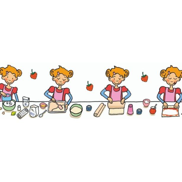 Eine Illustration zeigt ein Mädchen beim Backen in verschiedenen Phasen.
