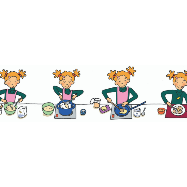 Eine Illustration, die ein Mädchen beim Zubereiten von Speisen in vier Schritten zeigt.