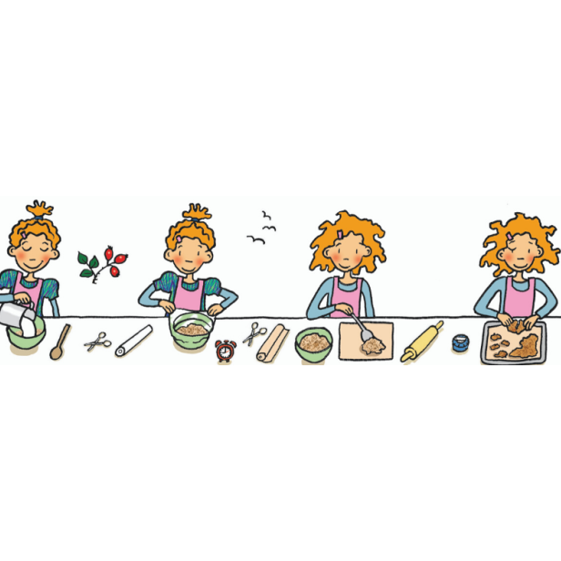Eine Illustration, die ein Mädchen beim Backen von Keksen in verschiedenen Schritten zeigt.