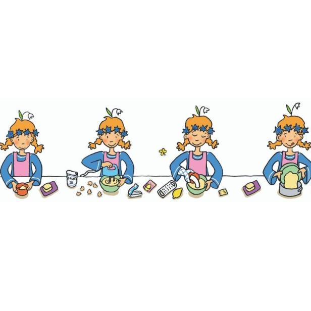 Eine Illustration zeigt ein Mädchen mit Zöpfen, das in vier Schritten einen Kuchen backt.