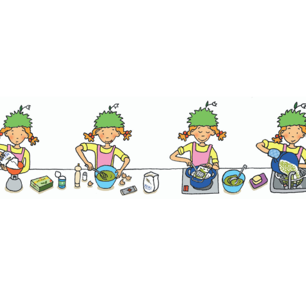 Eine Illustration, die ein Mädchen mit einem grünen Hut beim Kochen in vier Schritten zeigt.