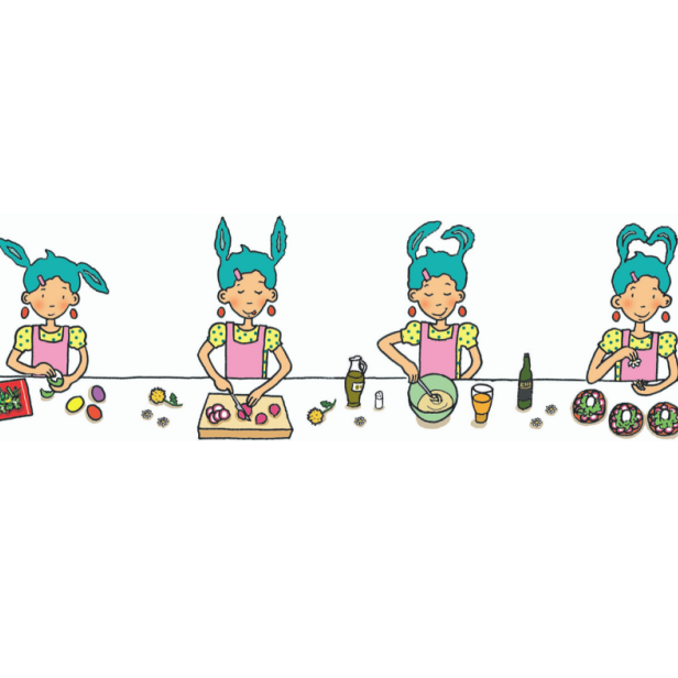 Eine stilisierte Illustration, die die Zubereitung von Speisen durch ein Mädchen in vier Schritten zeigt.