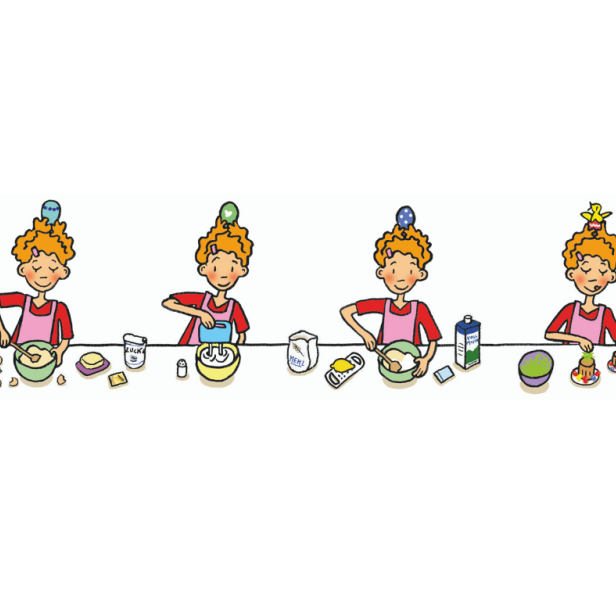 Eine Illustration zeigt ein Kind, das in vier Schritten ein Gericht zubereitet.