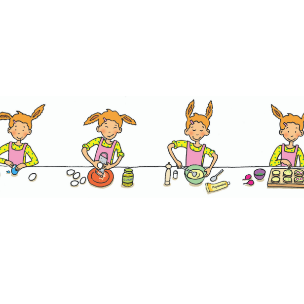 Eine Illustration zeigt ein Mädchen, das Eier belegt und zubereitet.