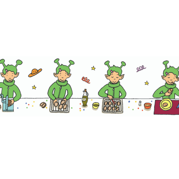 Ein grüner Außerirdischer bereitet in vier Schritten eine Mahlzeit zu.