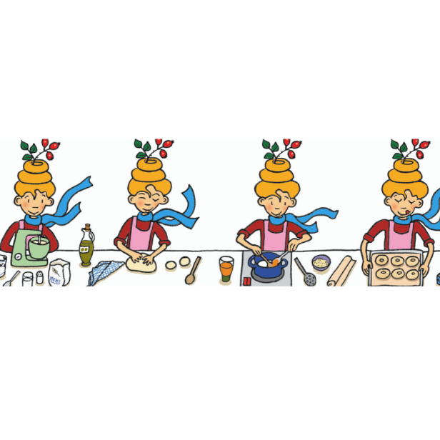 Eine stilisierte Illustration, die die Zubereitung von Krapfen in vier Schritten zeigt.