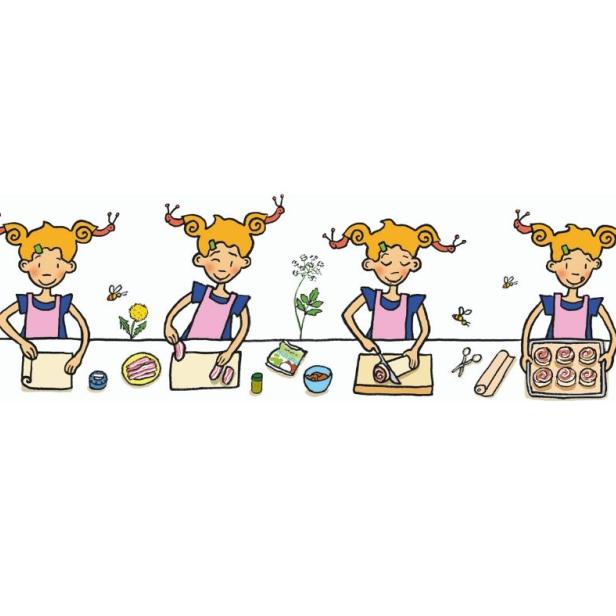 Eine Illustration, die ein Mädchen beim Zubereiten von Zimtschnecken zeigt.