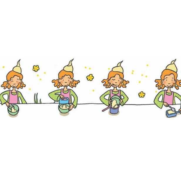 Eine Illustration, die ein Mädchen beim Backen in vier Schritten zeigt.