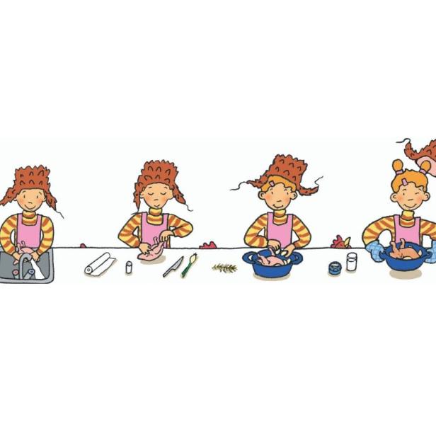 Eine Illustration zeigt ein Mädchen, das in vier Schritten ein Huhn zubereitet.
