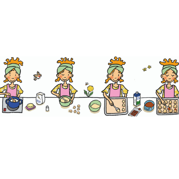 Eine stilisierte Darstellung eines Mädchens, das verschiedene Schritte beim Backen durchführt.