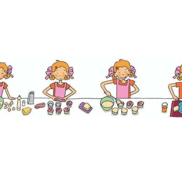 Eine Illustration zeigt ein Mädchen, das verschiedene Schritte der Essenszubereitung durchführt.